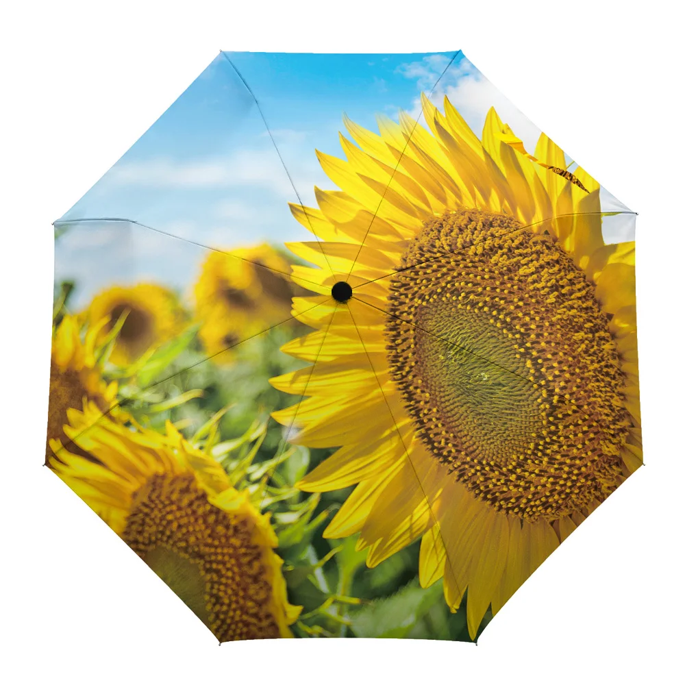 Летний автоматический складной зонт с изображением подсолнуха женский мужской