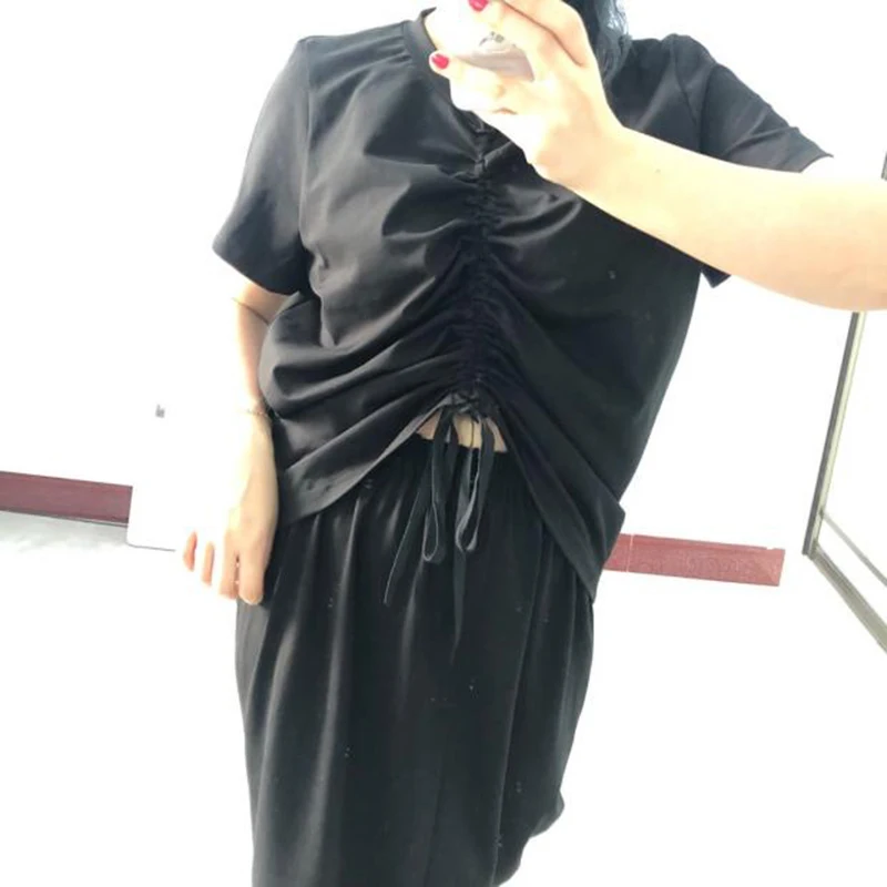 

[EAM] Half-body Skirt Drawstring Two Pieces Suit New Round Neck Short Sleeve Black Loose Women Fashion Spring Summer 2021 1T204