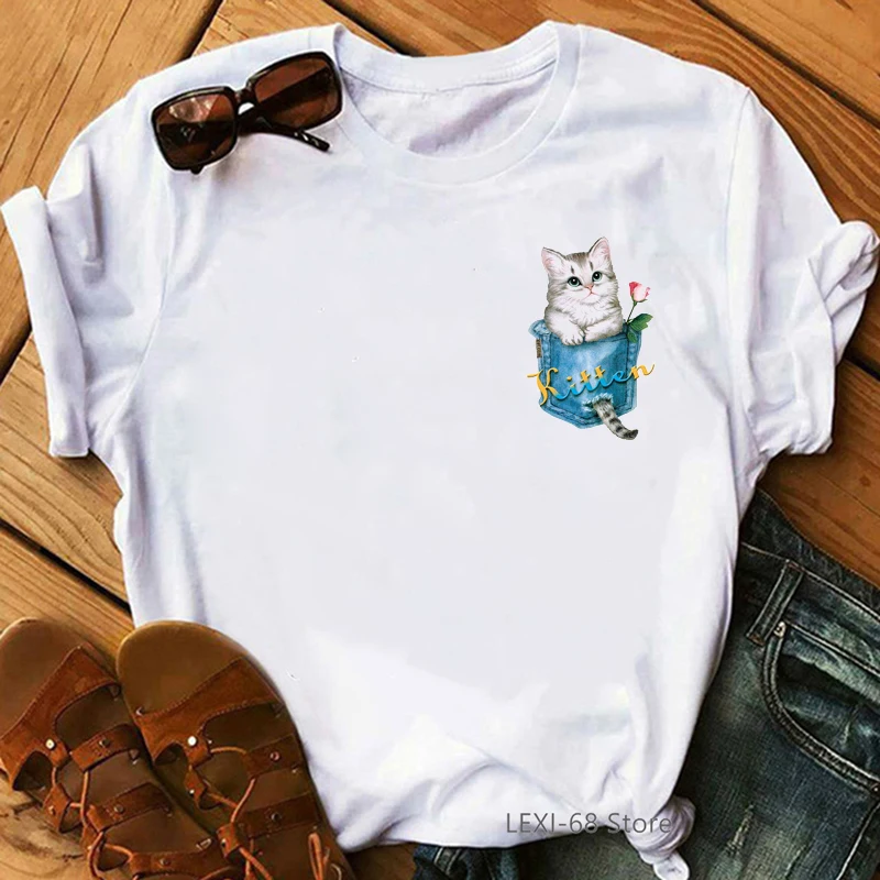 Футболка женская с принтом в виде милого кота карманами и животными 2020