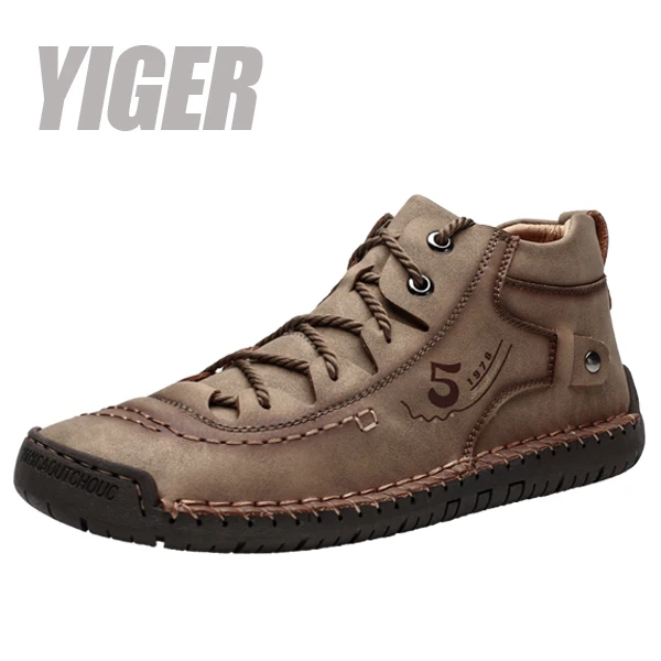 Khaki with fur YIGER/Новинка; мужские зимние ботинки; мужские повседневные ботинки; ручная работа; большие размеры; мужские теплые уличные повседневные ботильоны на шнуровке; 0399 - Цвет: Khaki with fur