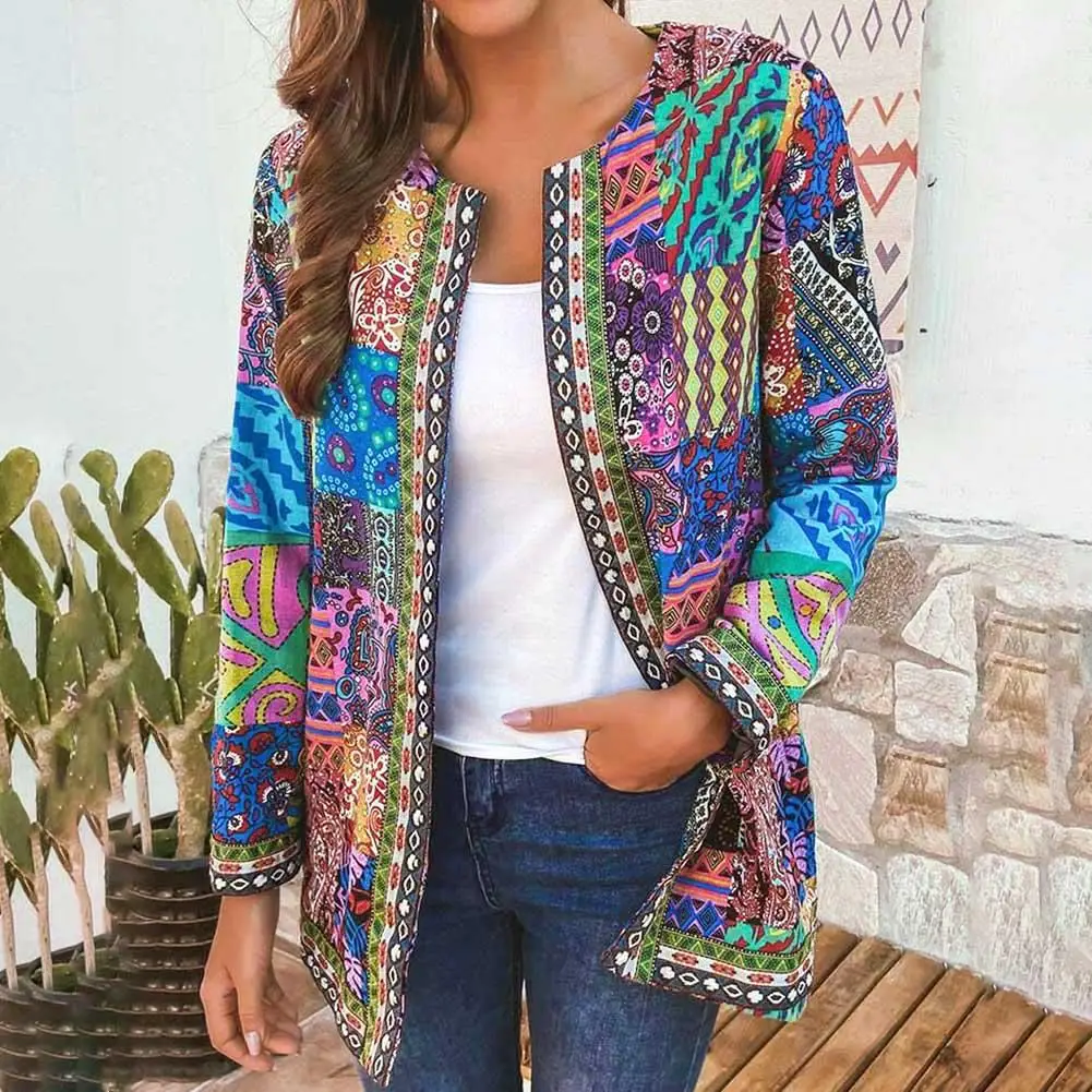 

6XL Jacket Coat Women Fashion Autumn Winter Ethnic Floral Print Long Sleeve Loose Jacket Coat Cardigan Loose Outerwear Chic Top