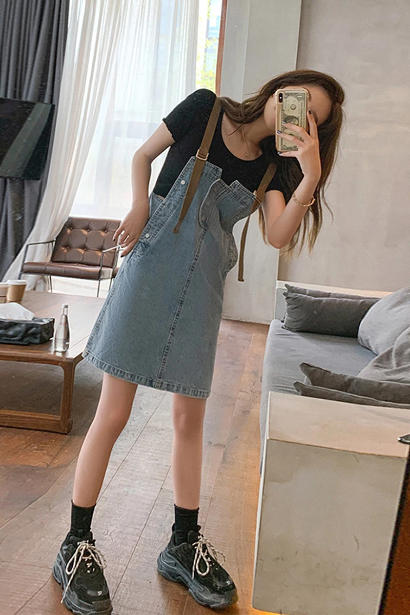 

Denim strap dress women's autumn 2020 new loose Korean fashion small half length short suspender dress summer