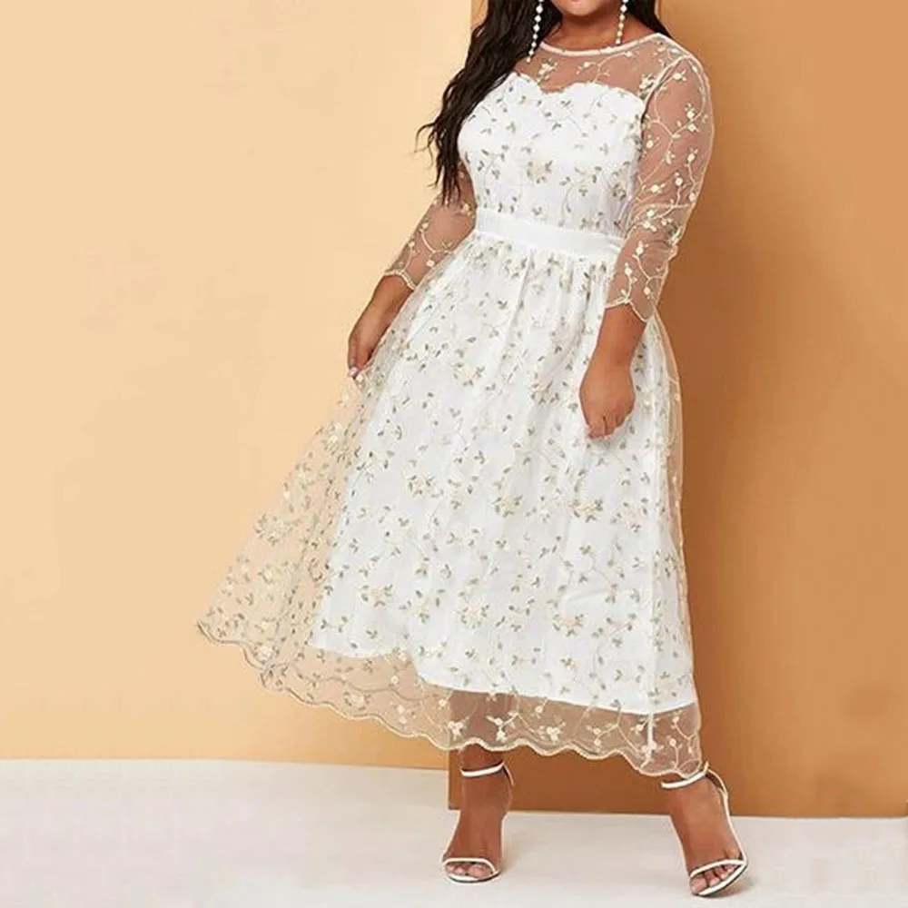 Женское прозрачное Сетчатое платье макси белое кружевное лоскутное большого