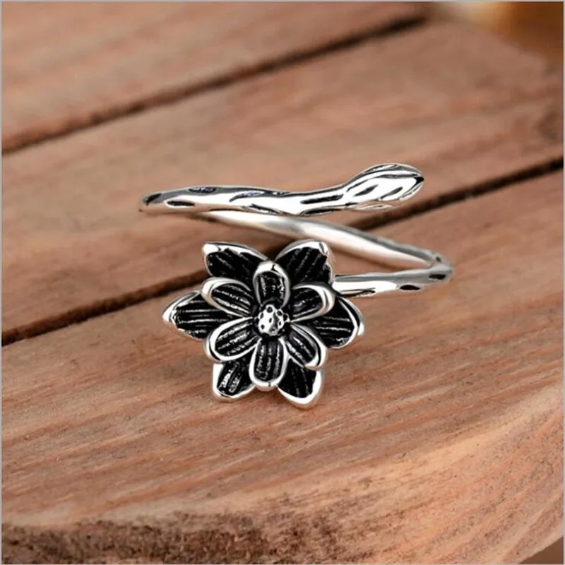 

Retro Thai Silver Lotus Simple Ethnic 925 Sterling Silver Jewelry Temperament Flower Opening Lotus Rings R107