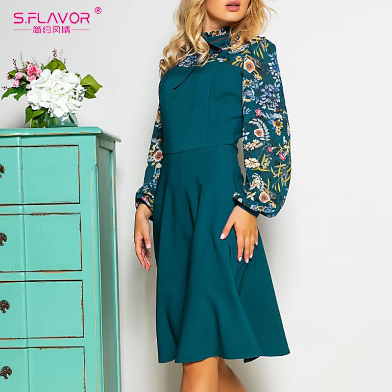 Женское платье с длинным рукавом S.FLAVOR винтажное А-силуэта принтом и высоким