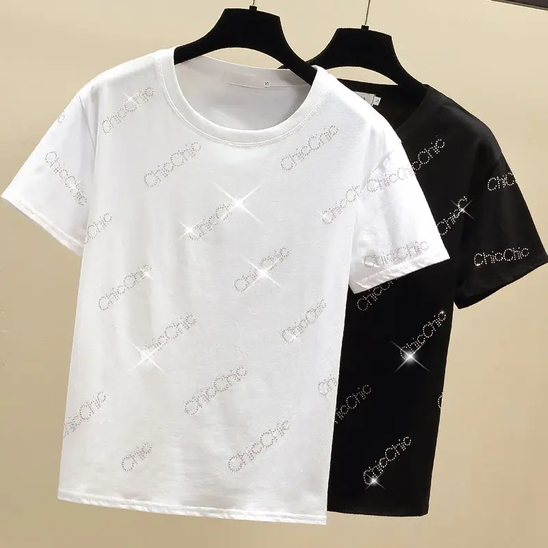 

Hot drill white short sleeve T-shirt women's 2021 summer new super fire loose and versatile cotton T-shirt