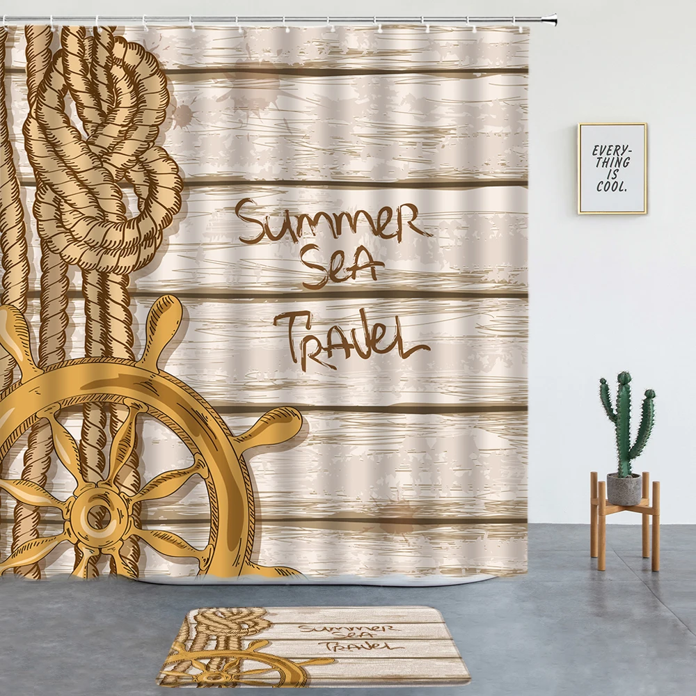 

Rustic Nautical Decor Shower Curtains Set Wooden Ship Wheel and Wood Anchor with Rope Boat Steering Rudders Beach Bathroom Rug