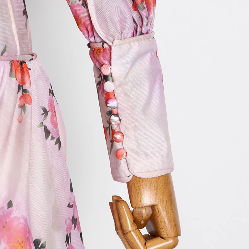 

Fullyoung Floral Print Stand-Up Collar Lantern Sleeve Mini Dress Women Hem Ruffle Spring Summer Sexy High Waist A-Line Skirt