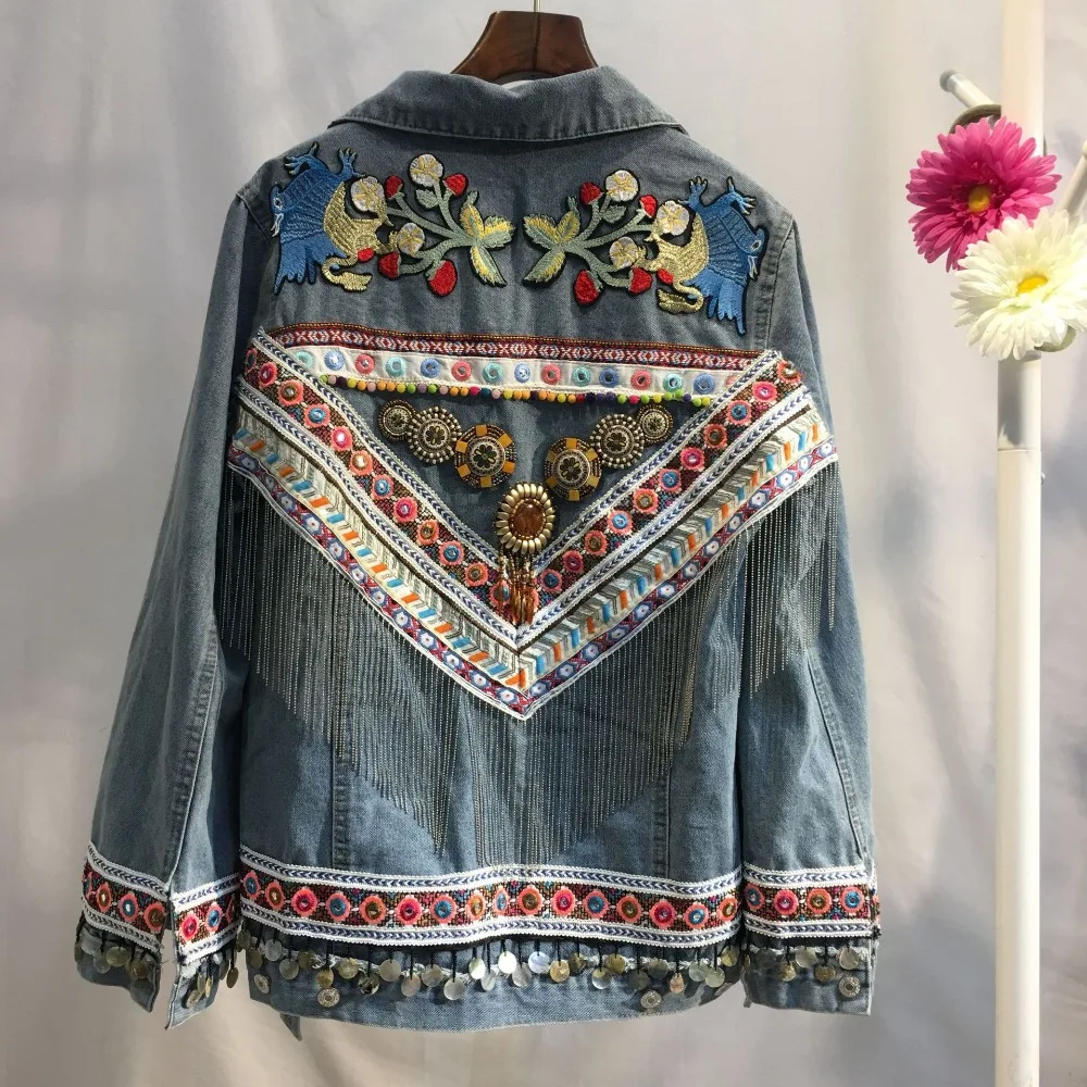 Синяя джинсовая куртка с вышивкой в этническом стиле, Женское пальто, boho, осенняя богемная Цыганская вышивка, винтажная куртка, Chaqueta верхняя одежда