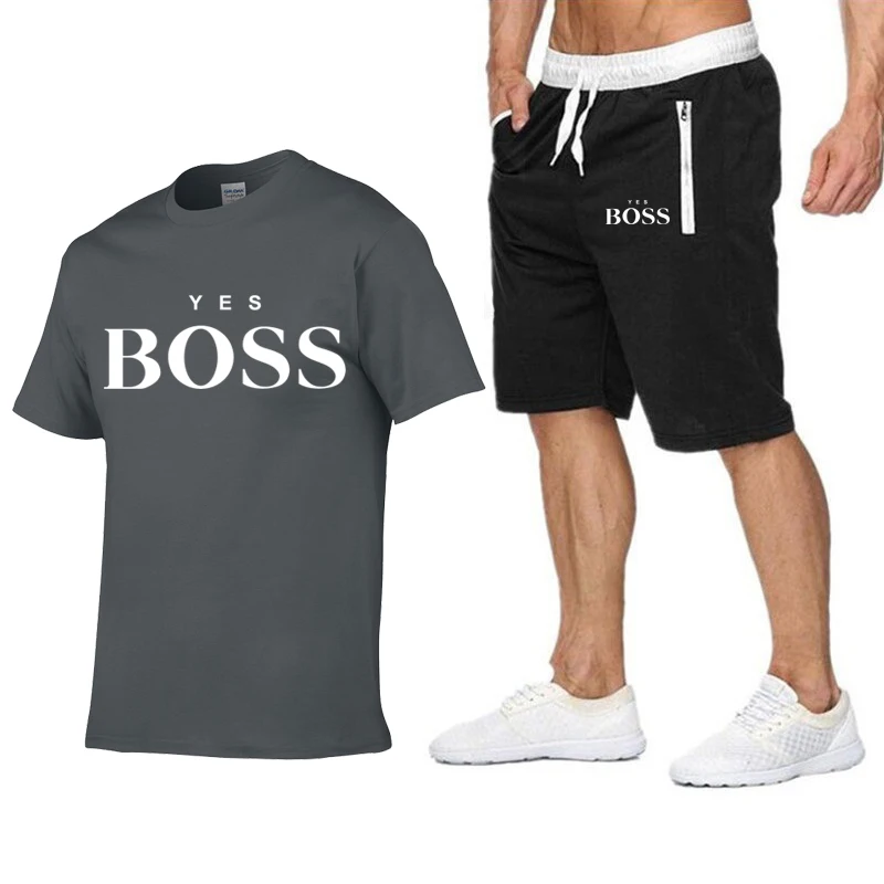 

Summer 2021BOSS Brand New Cotton Men's T-shirt Suit Printed Casual Jogging Shorts Sportswea Breathable Men T-shirt +shorts Suit