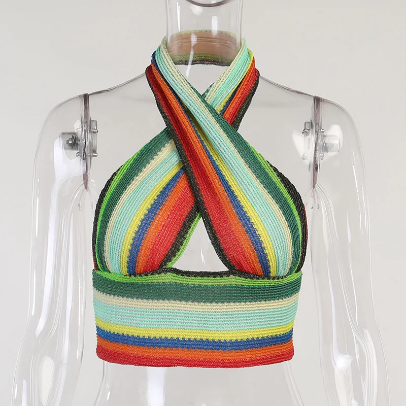 

Chifirena Striped Colorful Tank Top Halter Backless Sexy Crop Tops Women Sleeveless Off Shoulder Tees Club Party Vacation Vest