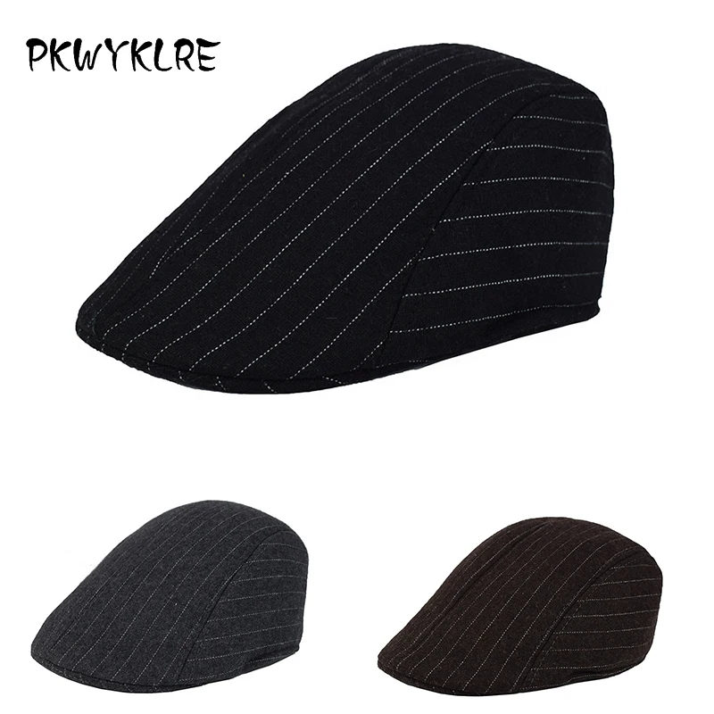 

Middle-aged and elderly striped caps men's winter plus velvet thickening retro outdoor wind-proof warm beret, dad hat