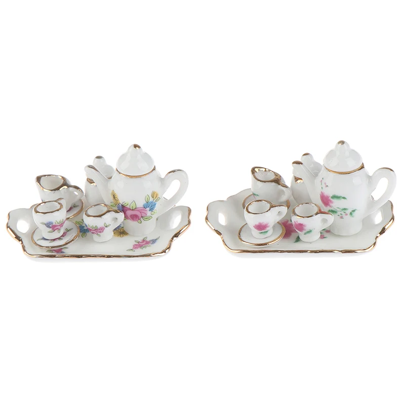 

8Pcs Flower Pattern Dollhouse Miniature Dining Ware Porcelain Tea Set Dish Cup