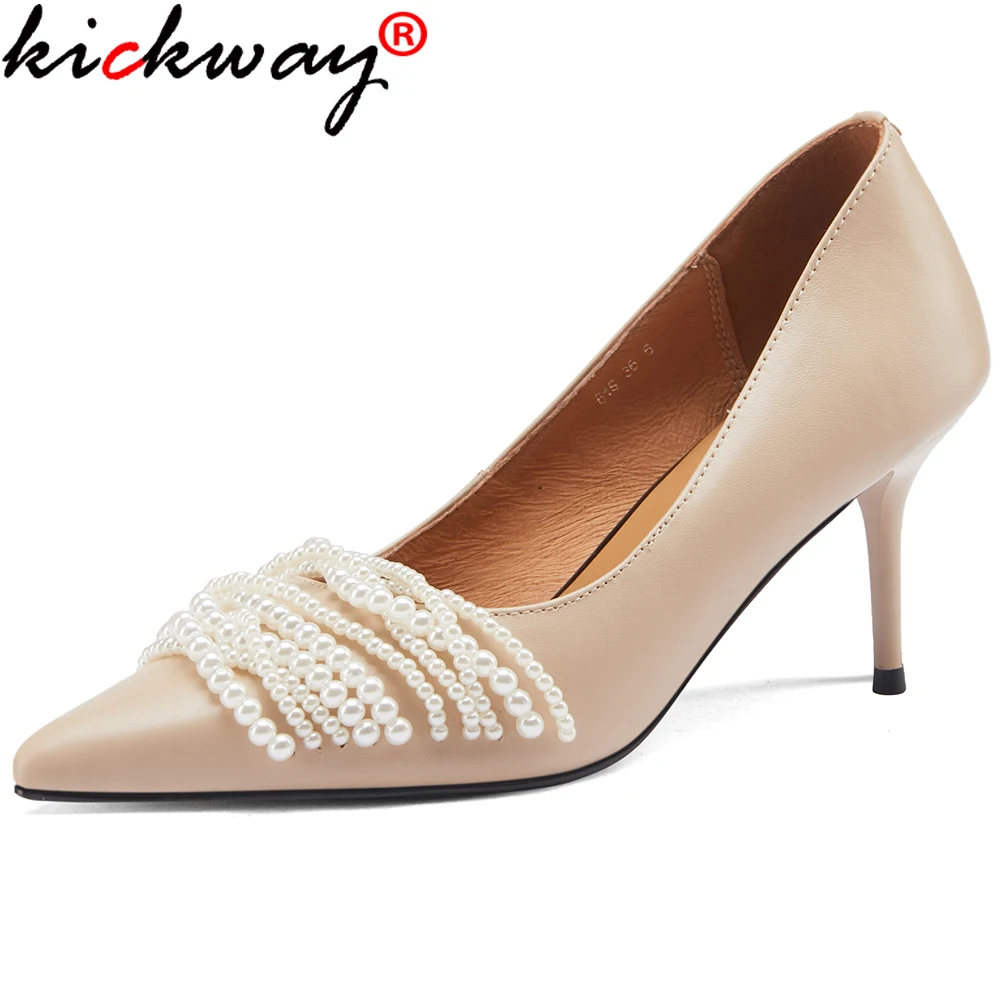 

Kickway Sweet Women Shoes Pearl Decoration Thin Heels Pumps For Women Genuine Leather Hot Sale Working Basic Shoes Woman Heels