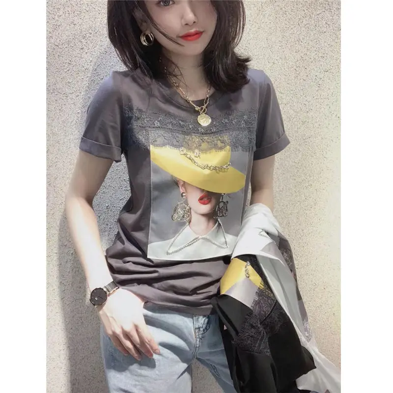 

European station cotton T-shirt women's short sleeve 2021 new lace stitching printing temperament ins coat summer T-shirt