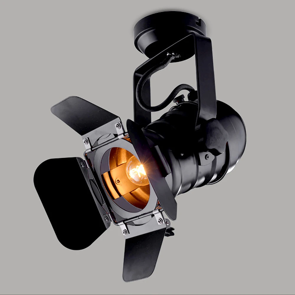 Винтажный E27 Трековый светильник лофт промышленный Точечный черный со шторкой