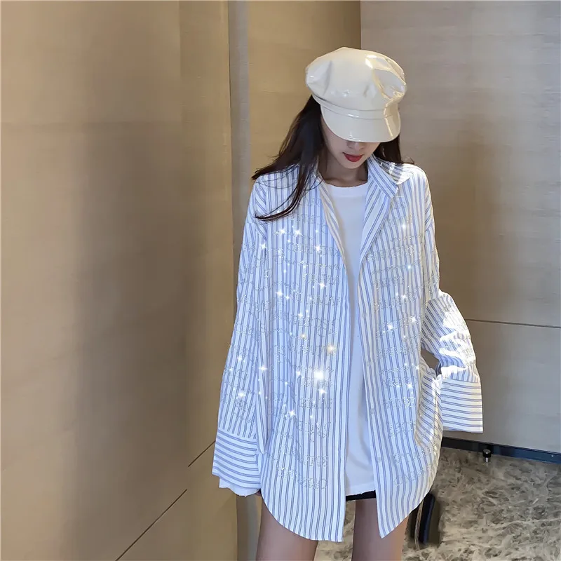 

Loose Oversize Fashion Shirts women 2020 Spring Ins BF Style Rhinestone Striped Blouse Niche Design Sequined Shinny Long Tops
