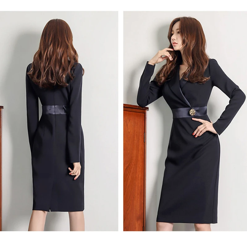 

New Autumn Notched Collar Slim Waist Black Blazer Dress Office Ladies Hip Package Knee-length Female Dress Vestidos Women