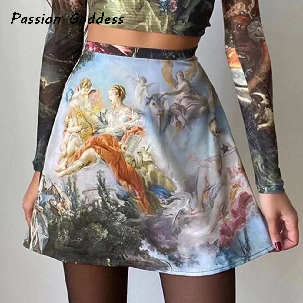 Женский костюм двойка с юбкой Облегающая рубашка в стиле ретро принтом ангела и