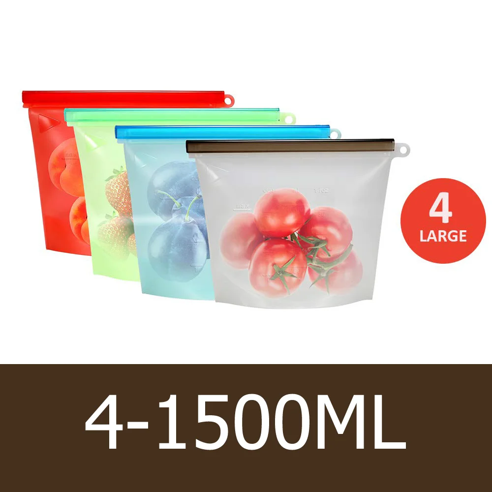 4-1500ml 1000 мл 1500 мл Герметичный силиконовый мешок с замком-молнией многоразовый силиконовый мешок для хранения еды для приготовления пищи сэндвич-пакеты для закусок - Цвет: 4-1500ml