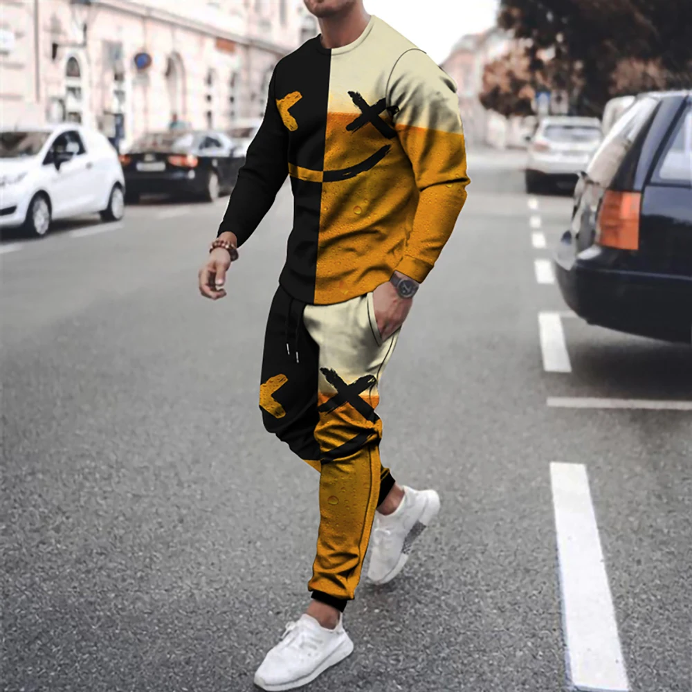 

2021 summer new men's suit 3D printing smiling face round neck T-shirt casual sports long-sleeved running fashion trousers suit