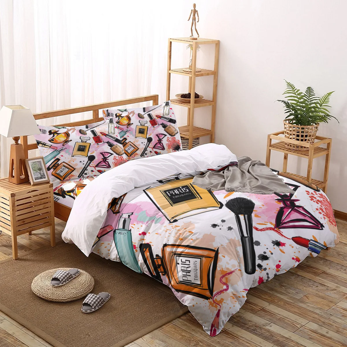 

Female Cosmetics Perfume Lipstick Bow Comb Pink Printed Comforter Bedding Set Duvet Cover Sets Pillowcases Bedclothes Bed Linen