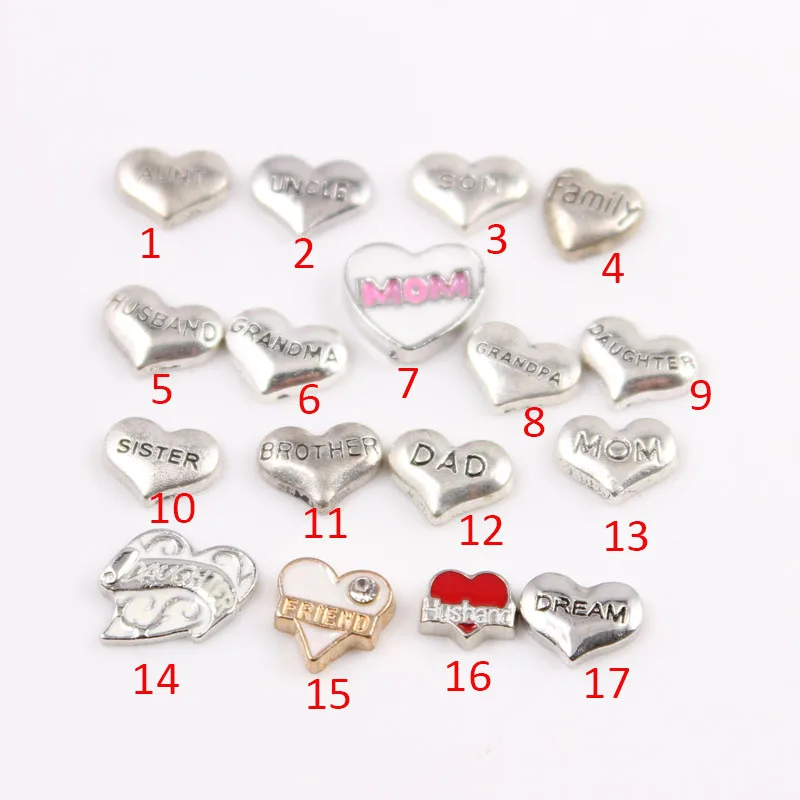 60 шт./лот Серебряное сердце член семьи плавающие шармы папа бабушка сын сестра