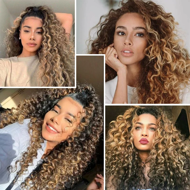 

QING SI Hair Brazilian Human Virgin Hair Extension Afro Kinky Curly Wave 3 Bundle Deals Two Tone Tb/27 Color