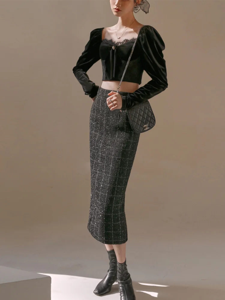 

[Предварительная продажа] женские Облегающие юбки, повседневная клетчатая юбка миди с завышенной талией