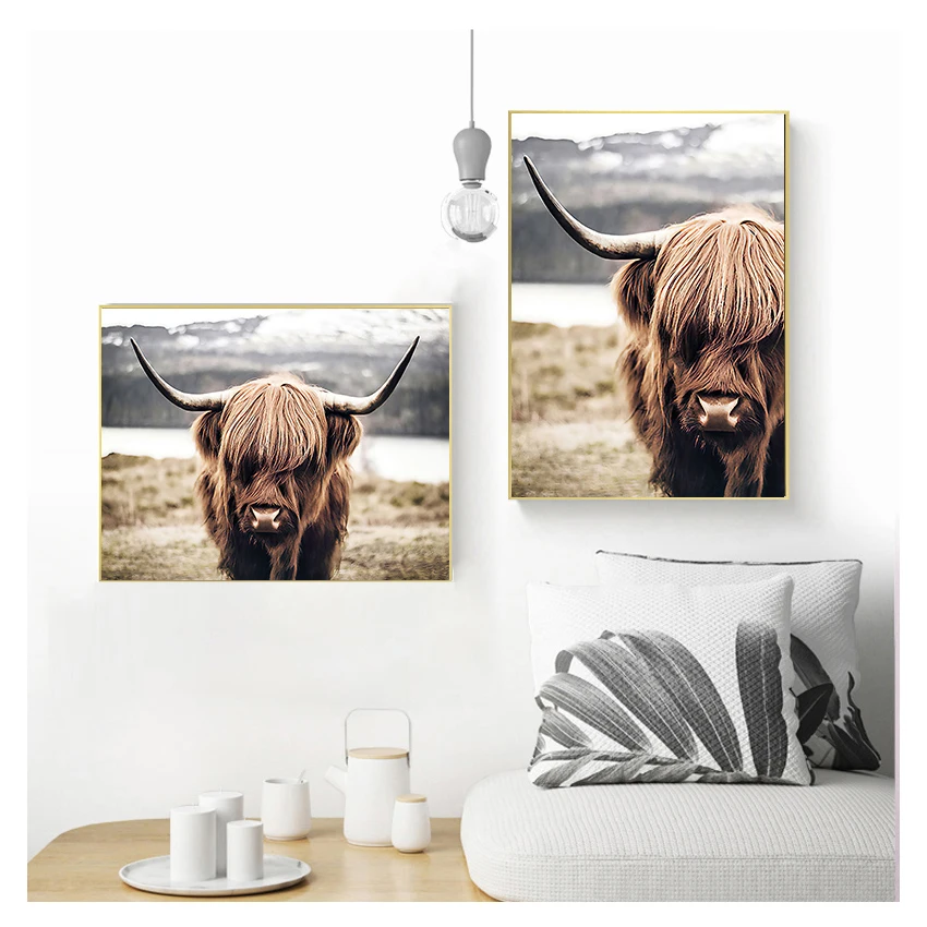 Живопись скота плакаты и печать Нордические скандинавские Cuadros Wall Art Picture для гостиной высокогорный бык дикие животные холст.