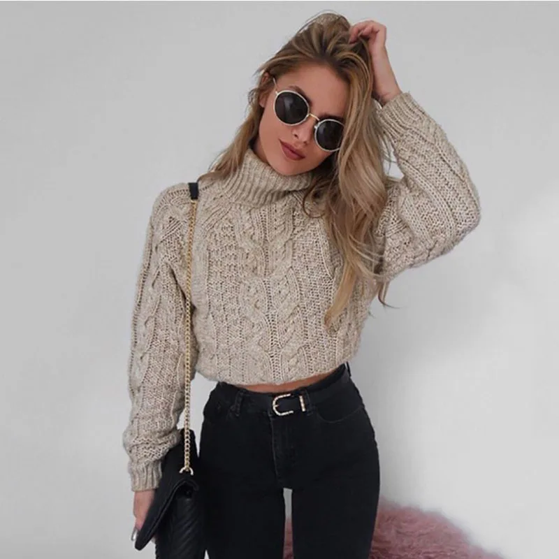 

2021 sweater women Europe and the United States short long-sleeved high-neck sexy cropped twist knit sweater