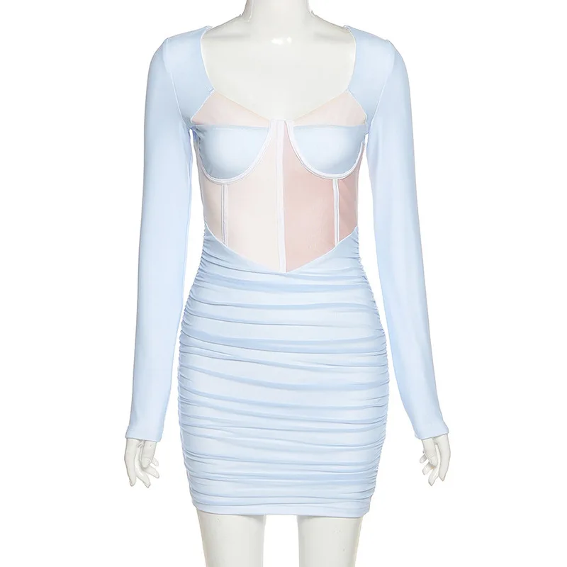 

Spring Fashion Bodycon Patchwork Casual Mini Blue Dresses Women Long Sleeve Skinny Clubwear Autumn Color Blocking Party Dress