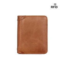 handmade vintage mens short business foldable wallet genuine leather anti theft swipe money clips money bag