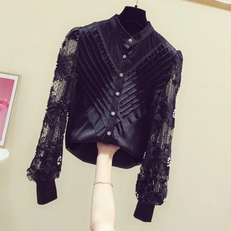 Новинка весны 2020 Корейская рубашка с длинными рукавами и кружевными вставками