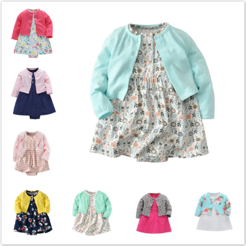 Детская одежда для маленьких девочек 2018 осеннее боди платье + кардиган комплект