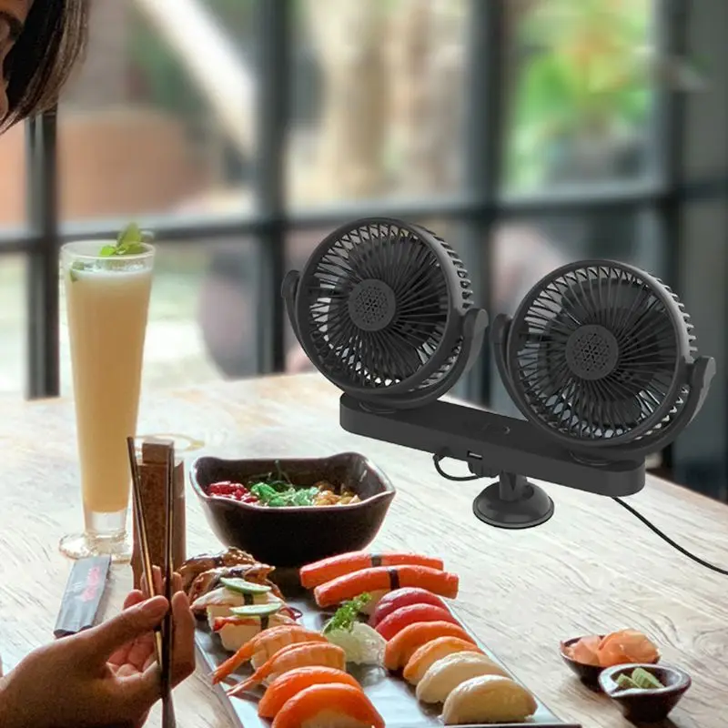 

Dual Head 3-Speed 12V 24V Dashboard Car Suction Cup Cooling Fan With USB Charger