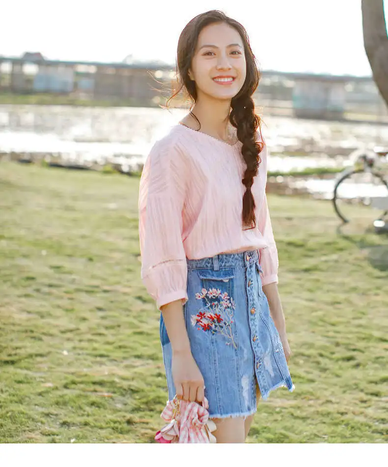 Инман Летний художественный кружева V воротник чистого хлопка пузырь 7-рубашка с рукавами Свободный рукав блузки
