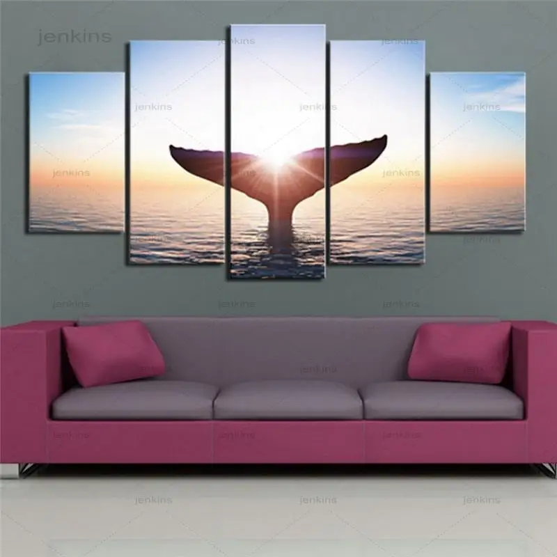 

Whale Tail Sea View Sunrise Pictures 5 Pieces Home Decorations for Sitting Room Wall Art Frameless Canvas Painting Posters