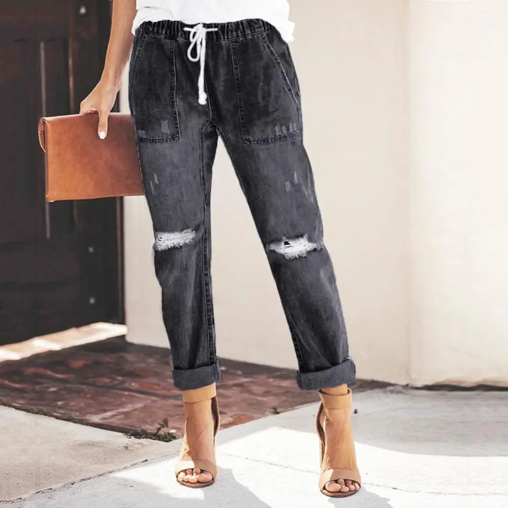 

Elastic Waist Jeans Women Distressed Ripped Denim Drawstring Long Pants