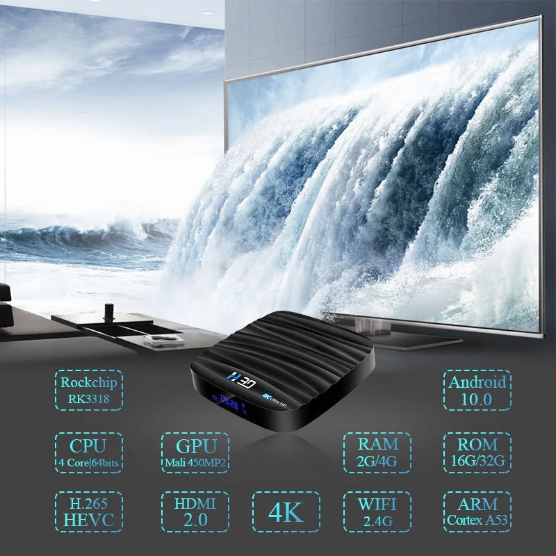 

H30 TV Box Network Set-Top Box RK3318 4+64G 4K HD Android 10.0 Network Player 2.4G/5G WiFi(UK Plug)