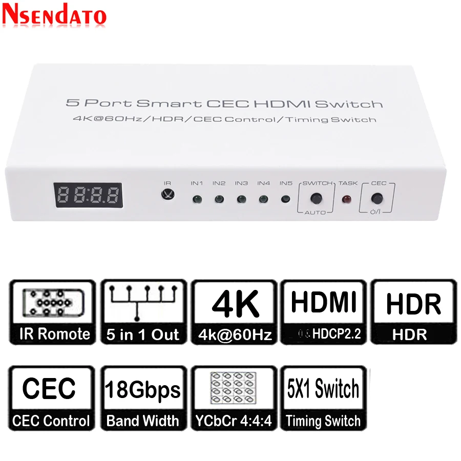 4K * 2k 5 в 1 выход HDR HDMI адаптер переключатель портов Smart CEC таймер с IR Romote для Dolby DTS HD