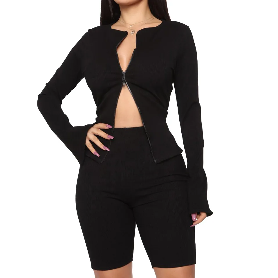 

Women Two Pieces Set Elastic Long Sleeves Zipper up Deep V Neck Sexy White Black Casual Fashion Plus Size African Ladies Suits