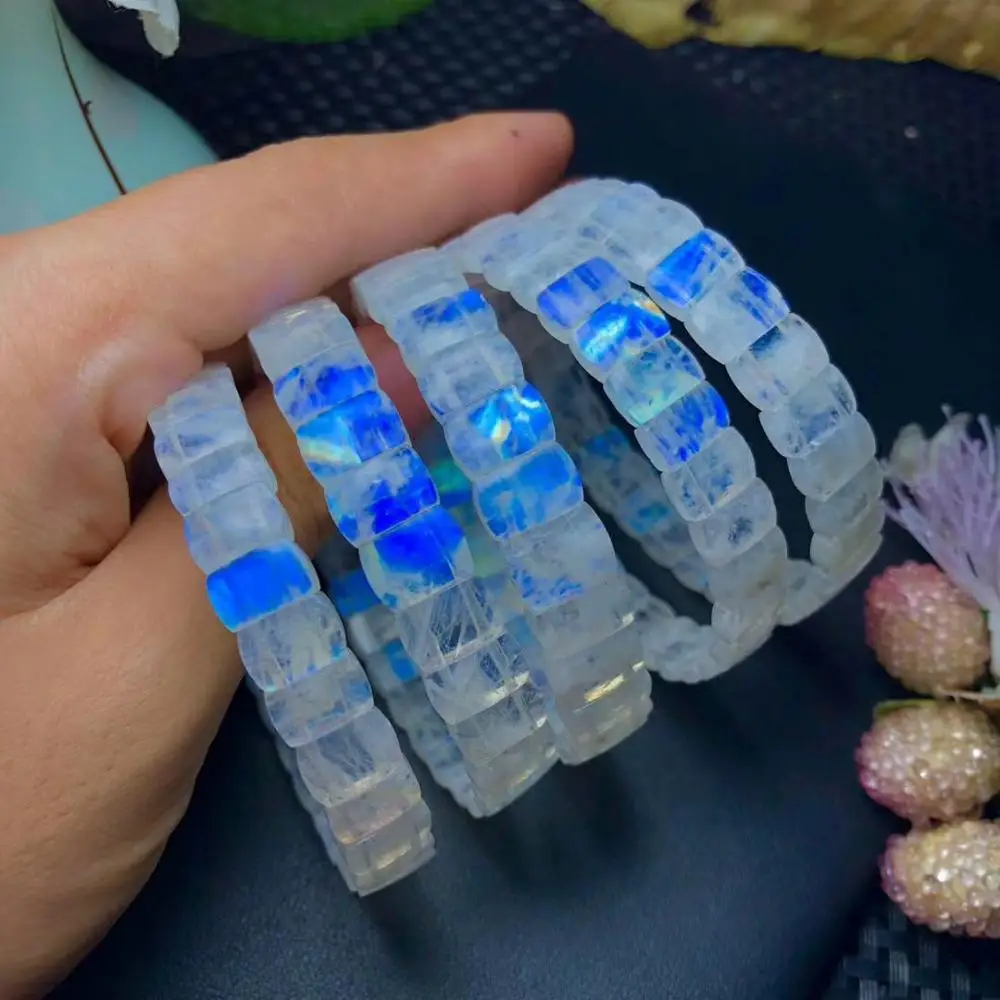 Браслет из натурального лунного камня с прозрачными бусинами 10x7 мм|Гибкие и