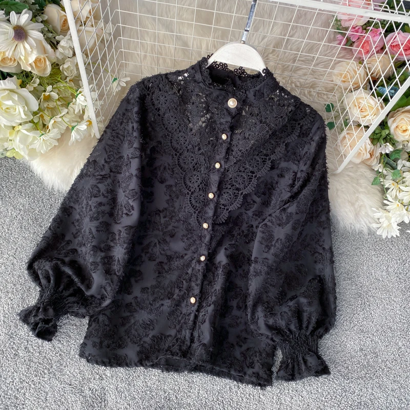 

2020 New Stand Collar Lace Hook Flower Blouse Elegant Temperament Puff Long Sleeve Single Breast Blusas Autumn Spring Slim Shirt
