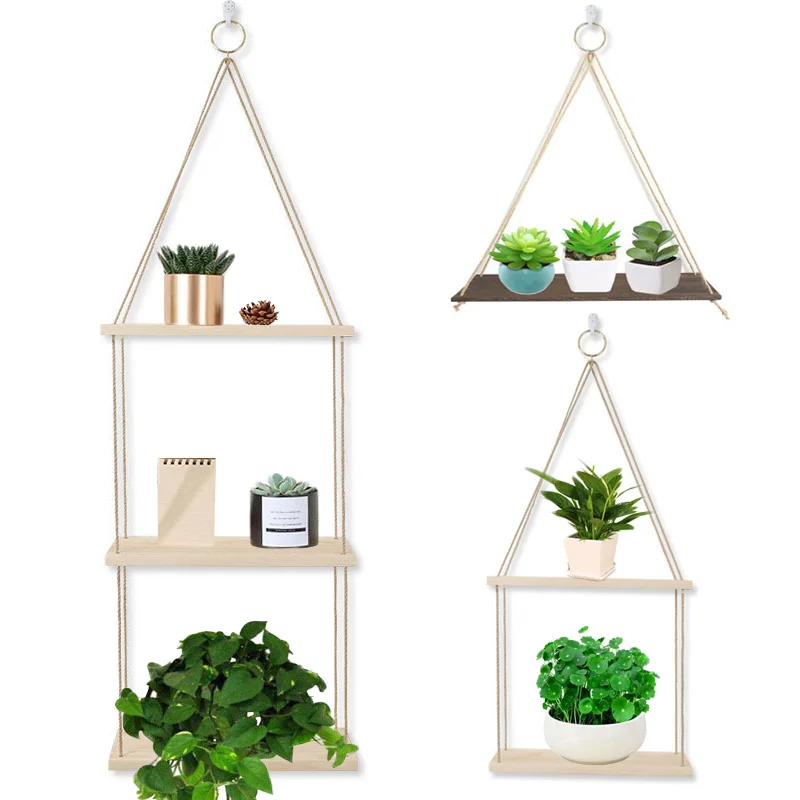 

Hot-selling Handmade Wall Decoration Hanging Rope Rack Flower Pot 1PC Natural Wood Hanging Pendant Ornaments