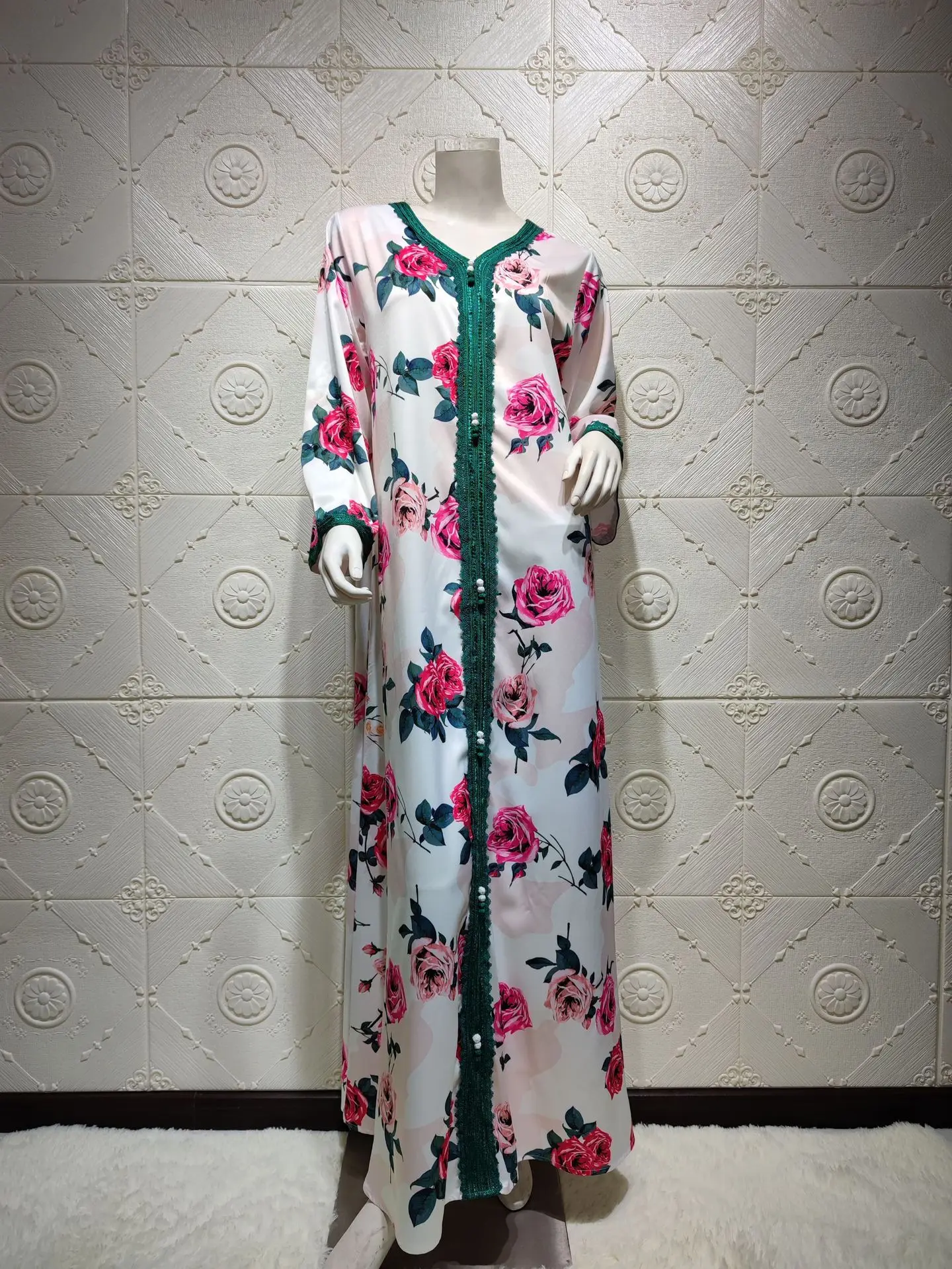 

Elegant White Rose Print Ribbon V Neck Long Sleeve Abaya Dubai Turkey Muslim Dress Islam Clothing African Dresses For Women