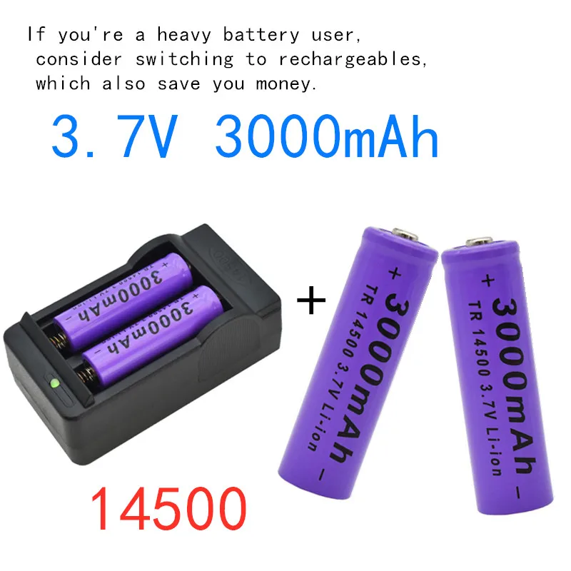 

14500 Lithium Battery 3.7V 3000mAh Rechargeable Batteries Can Welding Nickel Sheet Bateria For Torch LED Flashlight Toy+Charger