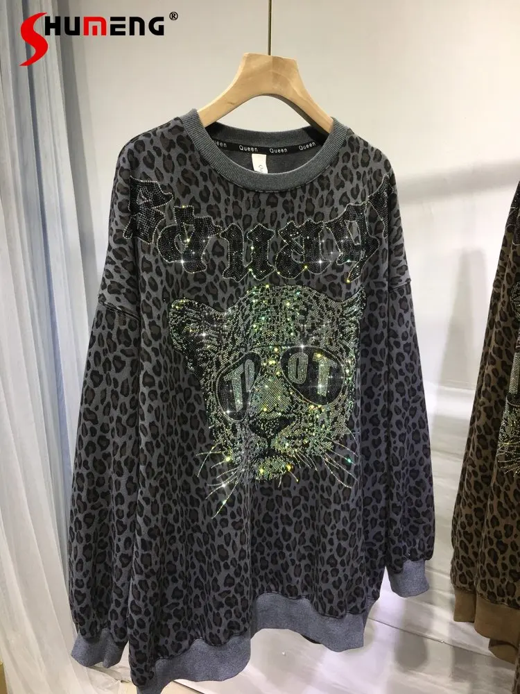 Domineering Leopard Luxury Rhinestone Sweatshirts 2022 Autumn New Loose Leopard Print Round Neck Long Sleeve Thickened Clothes