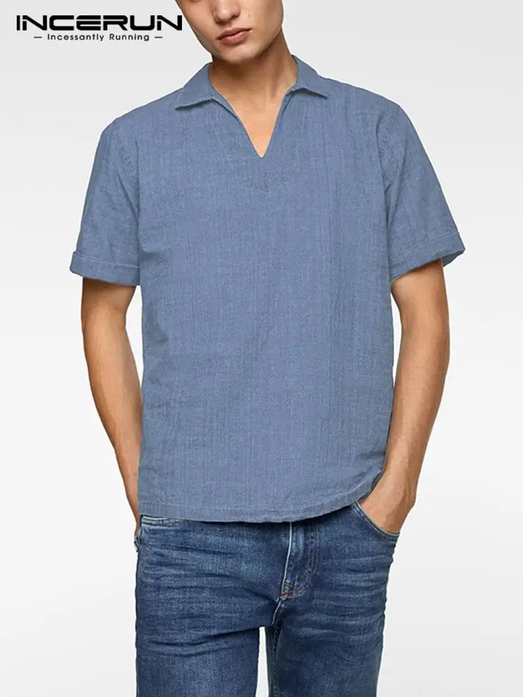 

INCERUN Solid Color Men Shirt Lapel Loose Casual Vintage Camisas Short Sleeve Cotton Summer Streetwear Leisure Men Clothing 2022