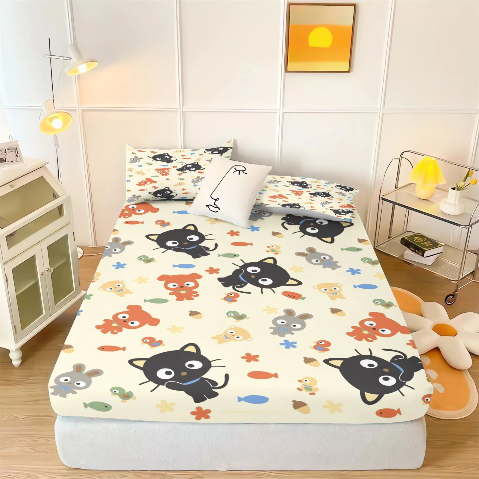 Фото MINISO простыня с рисунком кота CHOCOCAT, детская простыня, покрытие, эластичное постельное белье с цифровой печатью для подростков №4